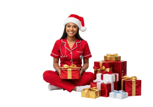 Smiling nurse in santa hat with christmas gifts