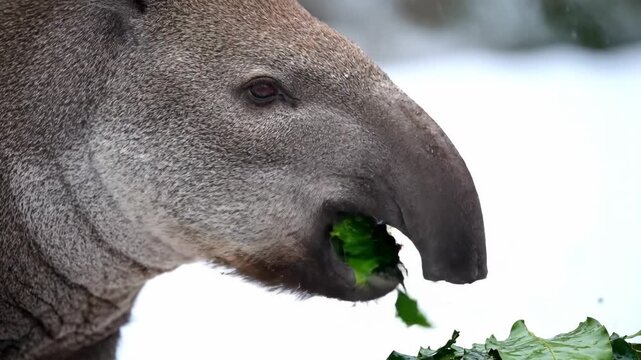 South American tapir eating fresh green leaves in a snowy environment.