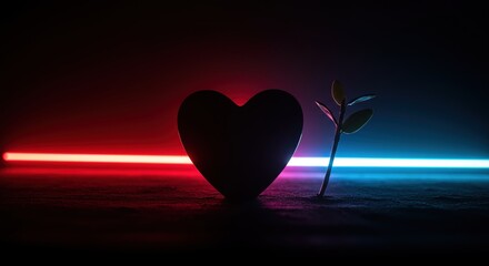 Heart, plant, and neon lights A symbol of love and growth