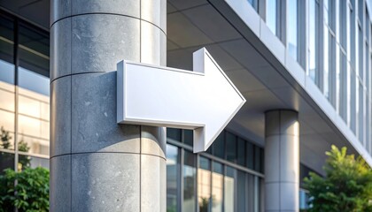 Obraz premium Empty arrow-shaped signage on a corporate building pillar, a blank template for direction or company logo