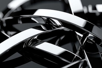 Abstract chrome rings intertwined in wavy lines on black and white background, shiny metallic shapes creating modern design concept for technology, industry, and futuristic vector illustration