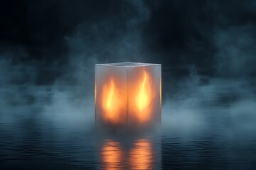 Obraz premium Fiery Cube Surrounded by Mist on Dark Water Surface in a Mysterious Environment