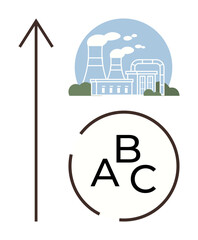 Obraz premium Factory with chimneys emitting steam, upward arrow symbolizing progress, and ABC elements inside a semi-circle. Ideal for industrial growth, education, sustainability, innovation, progress