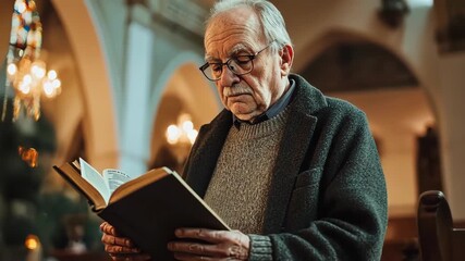Senior man reading a book in a church. Contemplative, peaceful, and spiritual moment. - Powered by Adobe