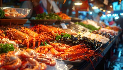Fresh seafood market display with lobsters, shrimp, mussels, and scallops on ice