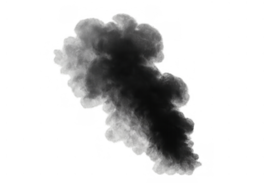 Black smoke plume erupting, cloud of dark mist creating air pollution, fog and steam effect on transparent background