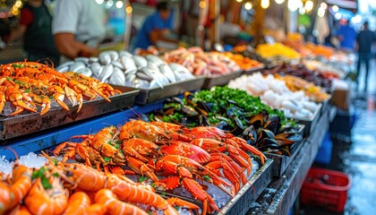 A colorful and enticing display of fresh seafood, featuring bright red crabs, plump shrimp, various fish, and mussels, all artfully arranged on ice at a busy market stall