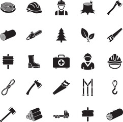 Obraz premium Lumberjack Silhouette icon collection. Includes Silhouette symbols lumberjack, wood, forestry, axe, chainsaw, tree and more. Isolated icons. Lumberjack icon set. 