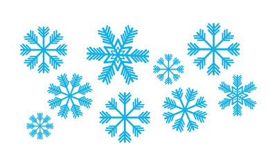 Blue Snowflake Icons Set on White Background, Christmas Snowflake Set, Winter Frost Crystal Shapes and Frozen Ice Elements, Vector Illustration
