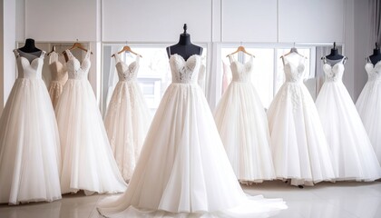 A beautiful collection of white wedding dresses on display in a luxury bridal boutique showroom