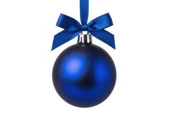 A shiny blue christmas ornament with a satin ribbon