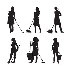 House cleaning lady silhouette set isolated on white background