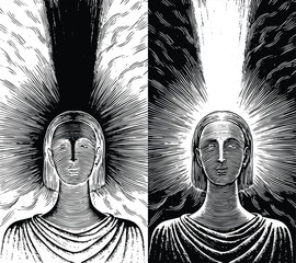 Engraved portrait of divine feminine energy in black and white radiates power and peace, a meditation on duality and enlightenment, ideal for spiritual themes