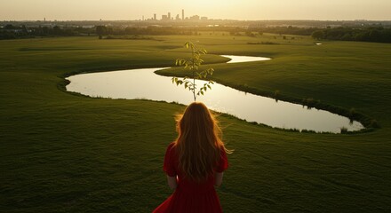 A woman's silhouette against a golden sunset, planting a sapling in a lush green field next to a winding lake, with a distant city skyline, embodying nature's renewal and future hope