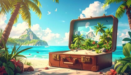 Vacation Suitcase Tropical Beach Getaway Dream, Escape to Paradise with Palm Trees and Clear Skies