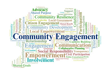 Obraz premium Community Engagement Word Cloud. Key Concepts On Collaboration, Empowerment, Participation, Inclusion, Trust, And Collective Action For Sustainable Community Development.