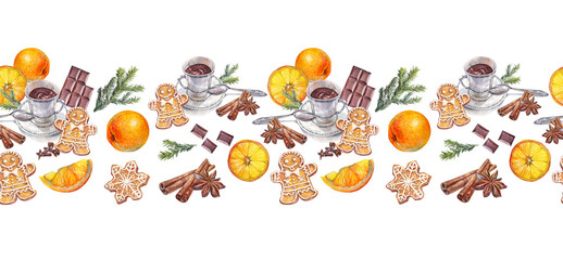 Watercolor seamless border with cup of chocolate and Christmas gingerbread man with spice condiment on white background. Celebration winter food for New Year dessert. Cookie for wallpaper wrapping