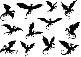 Set of flying dragon silhouettes collection fantasy creature vector illustration, mythical monster black shapes isolated on white background for design, tattoo, logo, or decoration © SreemotiArponaBala