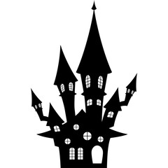 Spooky Black Silhouette Haunted Mansion With Multiple Towers Windows And A Tall Steeple On A White Background For Halloween Festivities