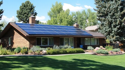 Solar panel installation on modern house residential area home exterior sunny environment wide angle sustainable living