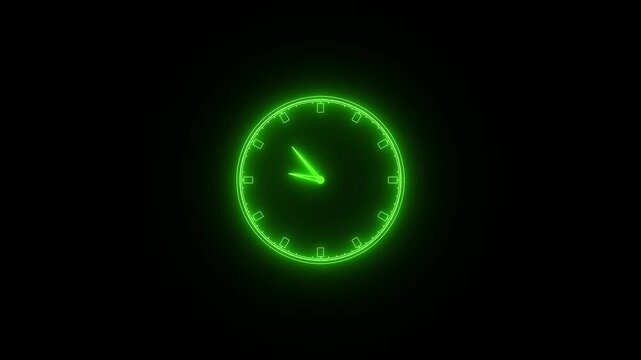 Glowing green neon clock face with hands pointing to twelve on a dark black background representing time and digital technology