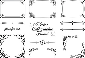 Decorative vector calligraphic frames and borders, elegant black swirl ornaments, vintage flourishes, ornate line art dividers and corners