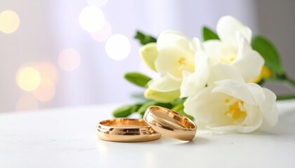 Golden Wedding Rings with White Freesias A Symbol of Eternal Love