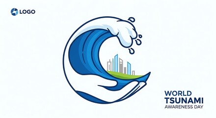 Vector illustration concept of a protective hand holding a large tsunami wave, safeguarding a coastal city from a natural disaster