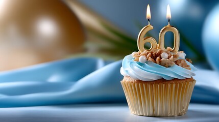 Delicious cupcake with blue frosting and golden candle celebrating 60th birthday