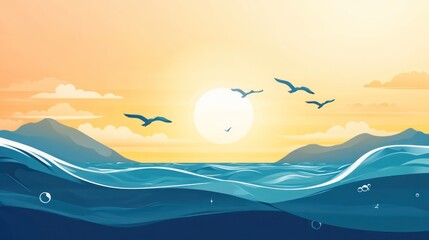 Sunset serenity birds flying over ocean waves coastal landscape digital art tranquil environment wide angle view nature concept