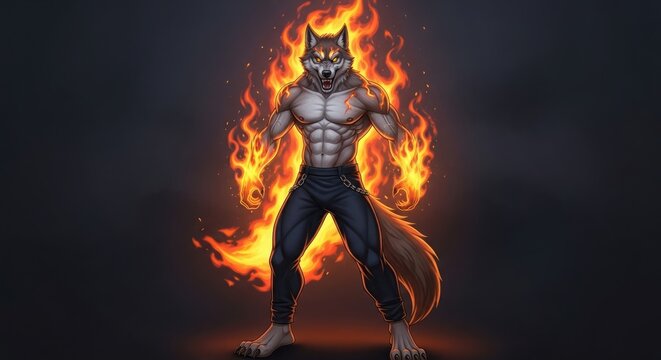 A muscular, anthropomorphic wolf stands surrounded by vibrant flames, with a dark background.