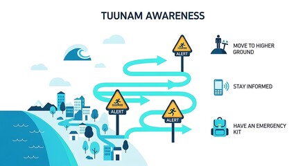Tsunami safety awareness infographic showing an evacuation plan, survival tips, and emergency preparedness guide for a coastal city