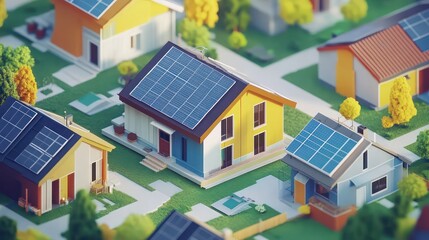 Eco-friendly housing development featuring solar panels suburban neighborhood 3d render vibrant environment aerial view sustainability focus