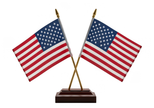 Two crossed american flags a wooden base