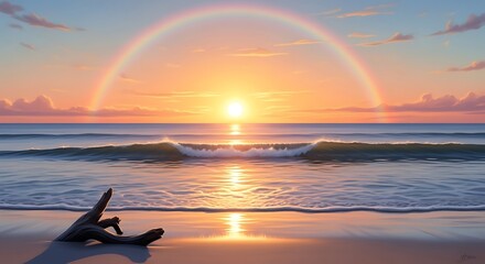 Vibrant Sunset on the Beach with Rainbow A Scenic Coastal View in the Golden Hour