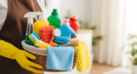 Cleaning supplies in a wooden bucket 