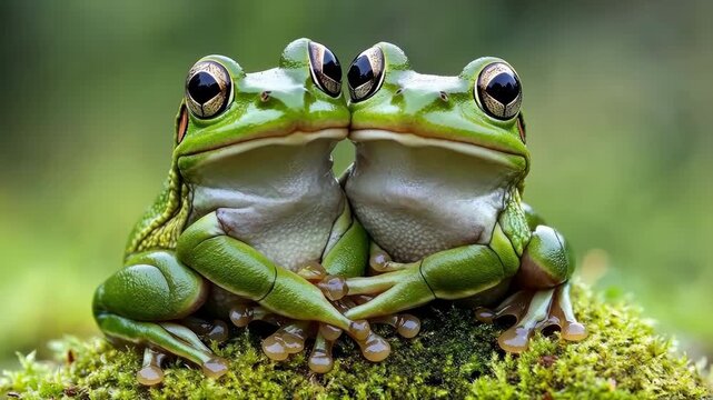 Two green tree frogs sitting close together on a mossy surface. Cute and peaceful.