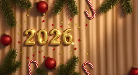 2026 Happy New Year text in gold with chrismast ornament  background