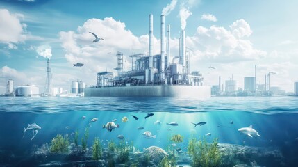 Industrial factory on the water's edge marine life below digital art serene environment aerial view environmental impact