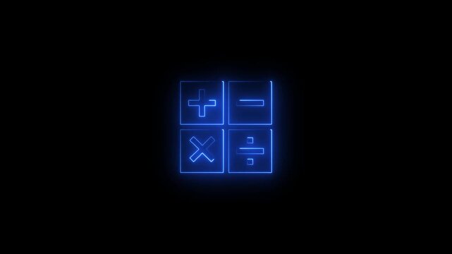 Blue neon glowing calculator symbols plus minus multiply divide on black background math mathematics