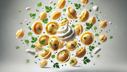 Dynamic food concept with flying dumplings, fresh herbs and creamy sauce on a clean background. Modern food photography, premium styling, appetizing motion. Ads, packaging, menus, restaurant branding.