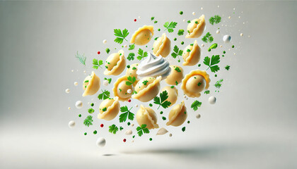 Dynamic food concept with flying dumplings, fresh herbs and creamy sauce on a clean background. Modern food photography, premium styling, appetizing motion. Ads, packaging, menus, restaurant branding.