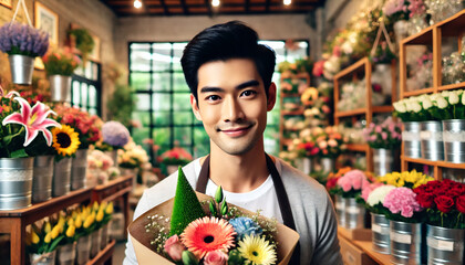 Bright portrait of a smiling Asian florist holding a colorful bouquet in a modern flower shop. Vibrant blooms, natural light, creative workspace vibes. Ads, branding, retail promotions, floral design.