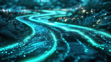 Flowing neon river trail enchanted forest digital art nighttime aerial view fantasy concept for seo impact