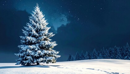 Serene winter night scene with a solitary fir tree blanketed in fresh snow under a celestial starry sky, creating a magical holiday mood