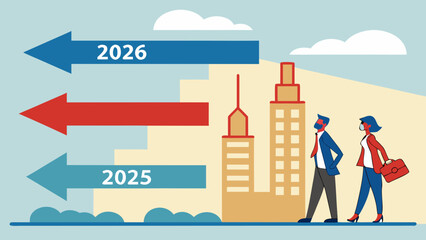 Business people walking towards buildings with arrows indicating years two thousand twenty five and six