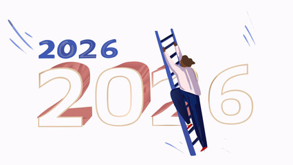 A person climbing a ladder next to the year 2026 with the number six partially obscured by the ladder