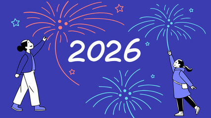 Two people celebrating new year 2026 with fireworks and stars on a blue background illustration