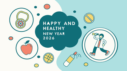 Illustration for happy and healthy new year 2026 with apple, water bottle, and person looking through scope