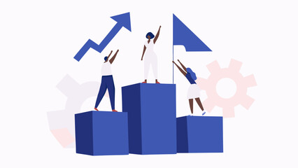 Illustration of people on podium with arrow and flag representing business growth and success